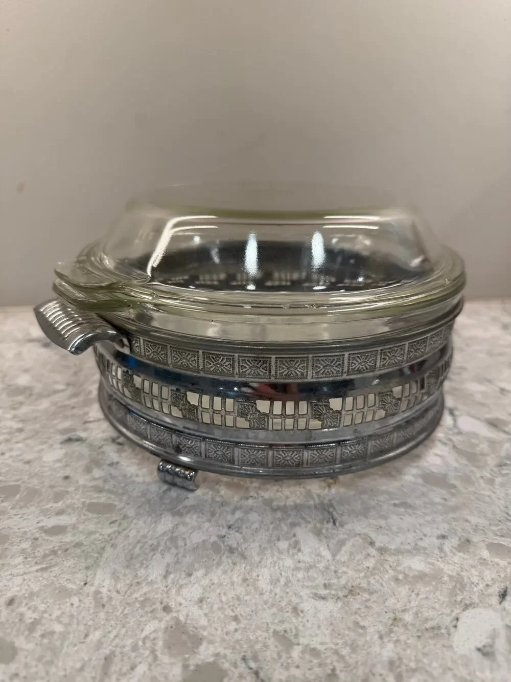 Vintage Pyrex Glass Casserole Dish  w Silver-plated Metal Serving Stand
